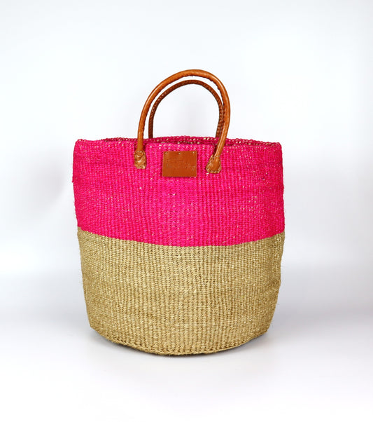 Panier en sisal tissé à la main rose fluo et marron naturel