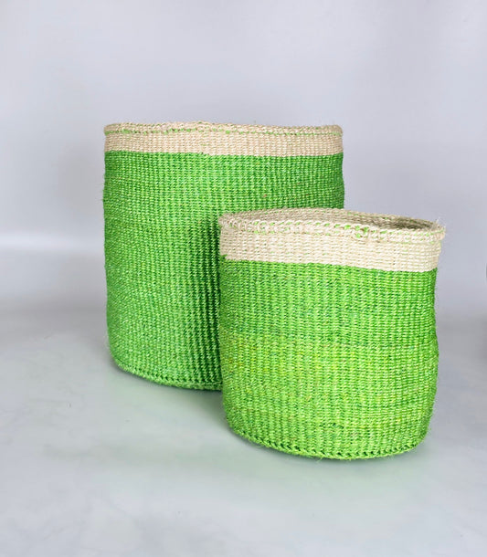 White, Lime Green Handwoven Sisal Basket