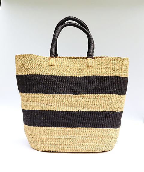 Black & Natural Brown Stripes Open Weave Bolga Tote Bag