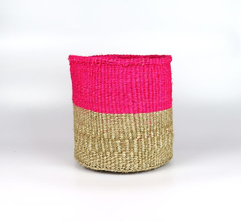 Pink and Natural Brown Handwoven Sisal Basket