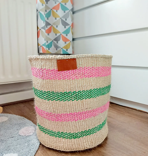 Green, Cream & Pink Stripes Handwoven Sisal Basket