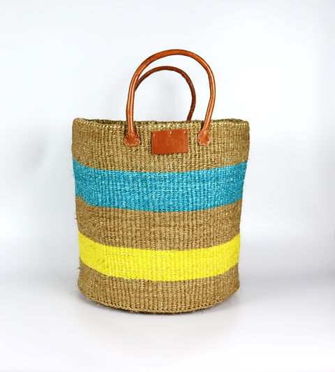 Panier en sisal tissé à la main jaune, bleu et marron naturel