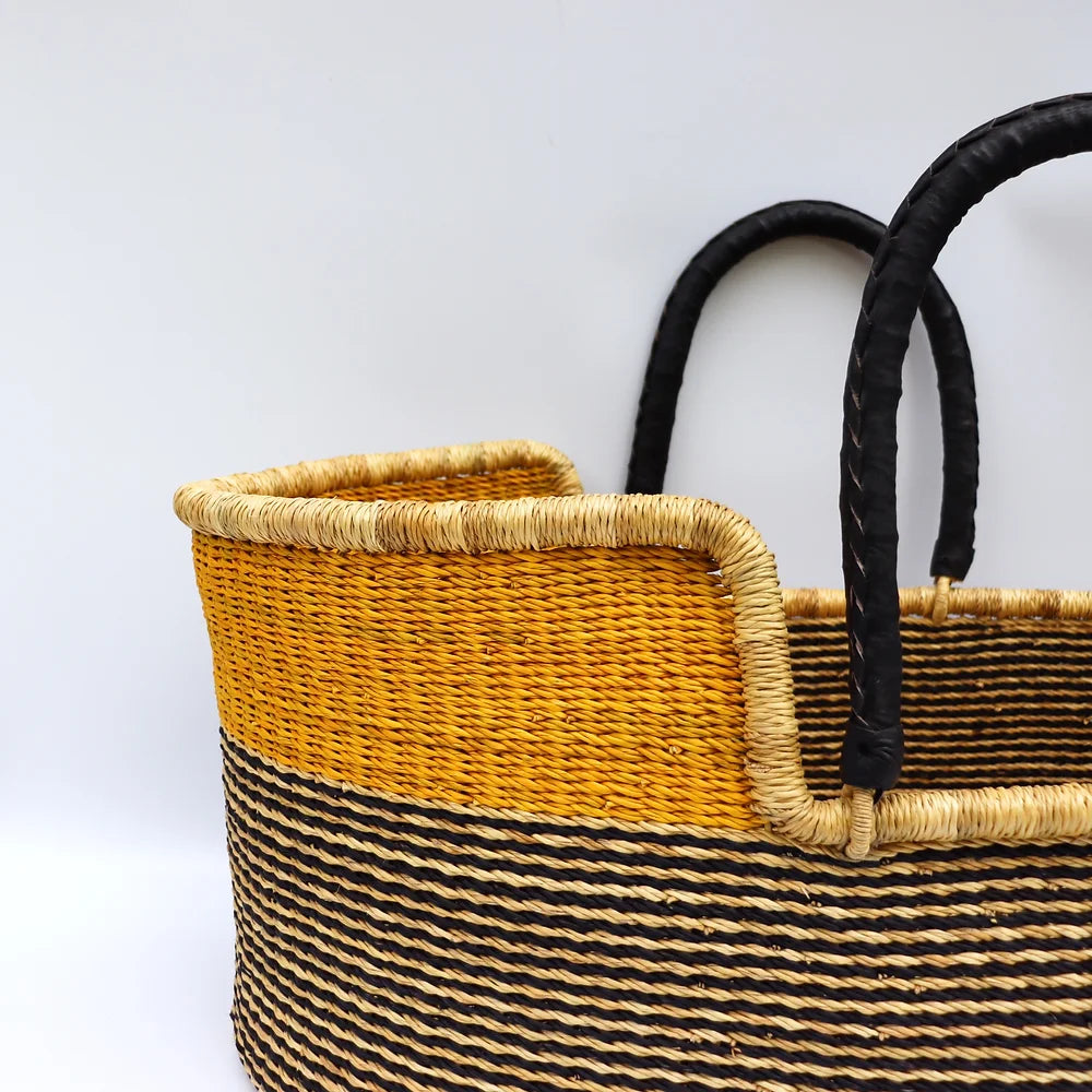 Yellow, Black, Natural Brown Woven Moses Basket