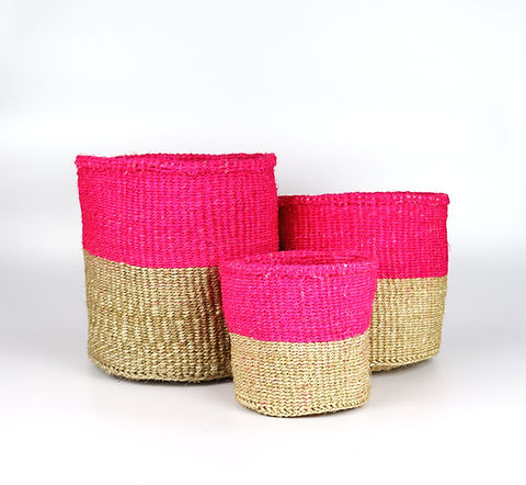 Pink and Natural Brown Handwoven Sisal Basket