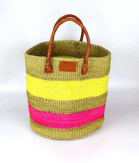 Panier en sisal tissé à la main jaune, rose et marron naturel