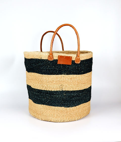 Panier en sisal tissé à la main à rayures noires et marron naturel