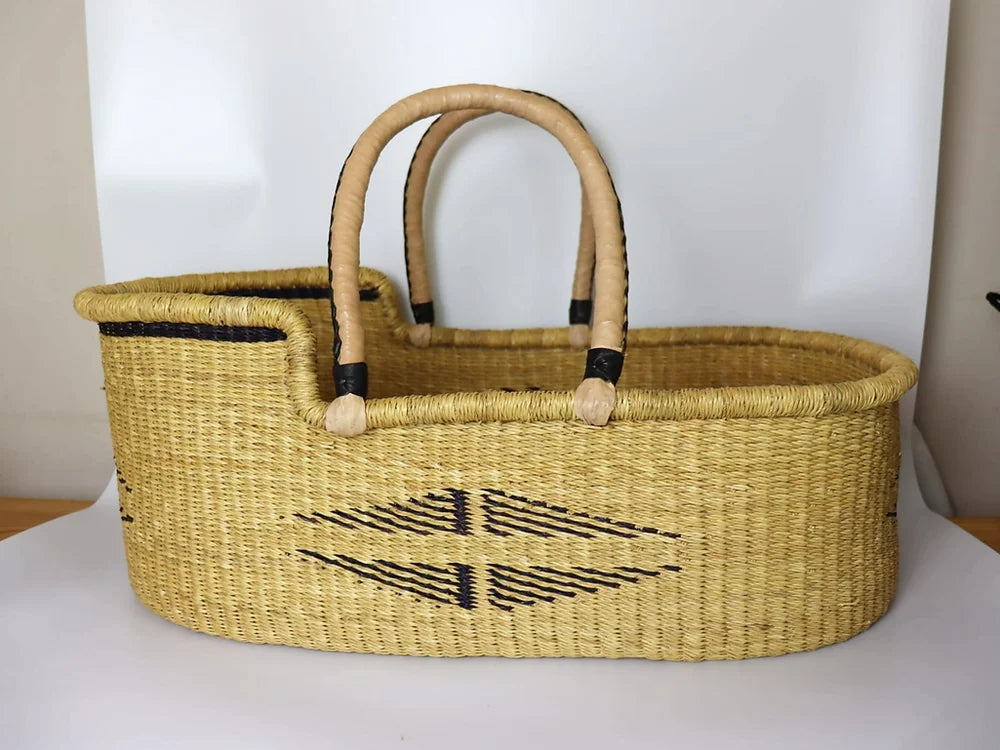 Woven Moses Basket with Leather handles