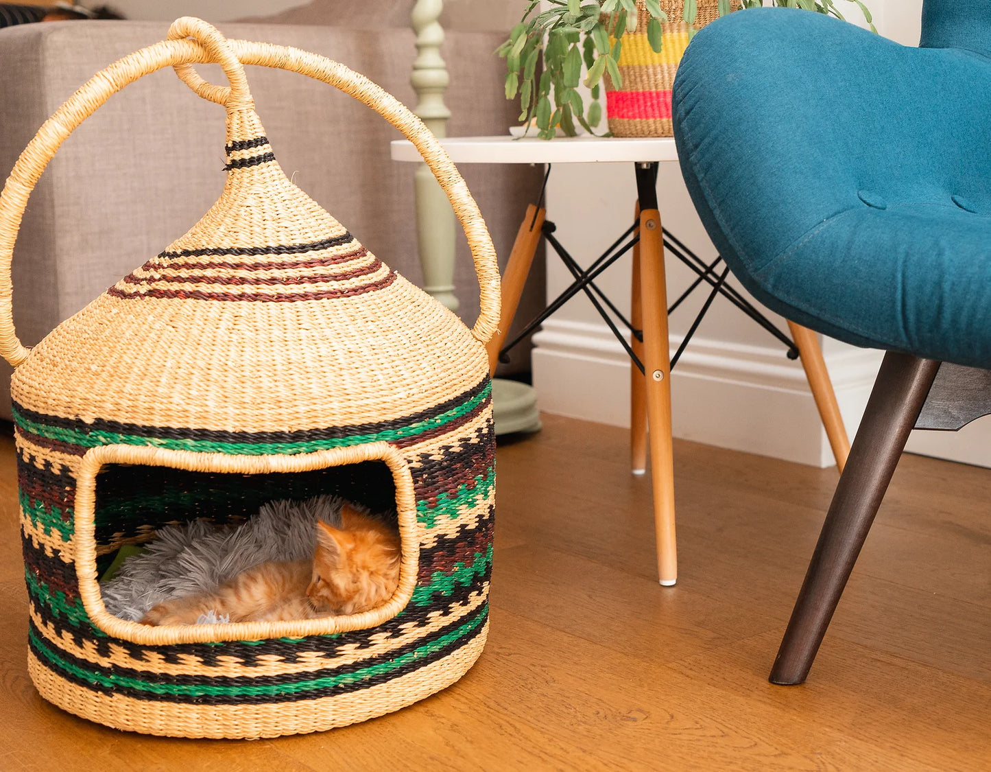 Brown, Yellow, Turquoise Handwoven Cat Basket