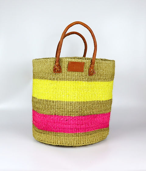 Panier en sisal tissé à la main jaune, rose et marron naturel