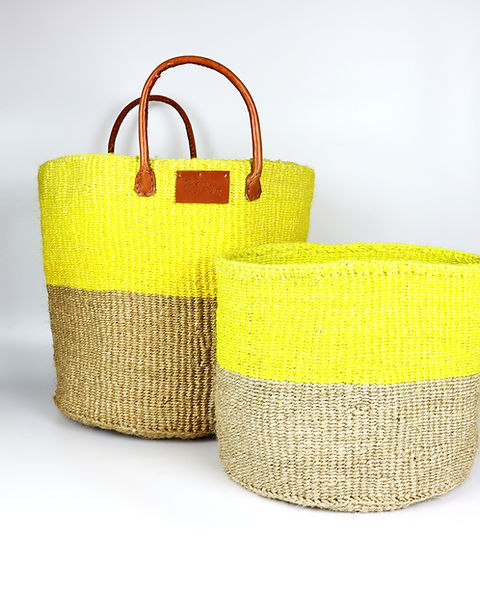 Grand panier à linge en sisal jaune et marron