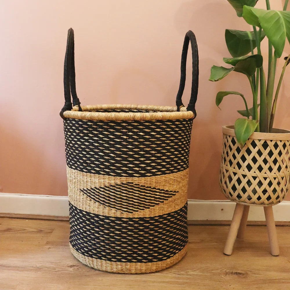 Black, Natural Brown Round Laundry Log basket