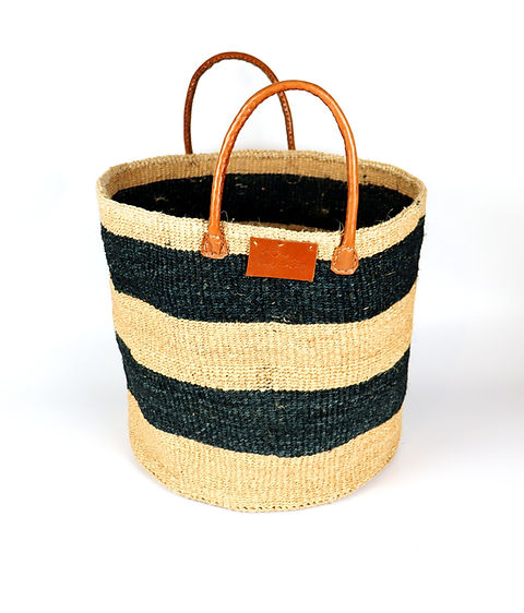 Panier en sisal tissé à la main à rayures noires et marron naturel