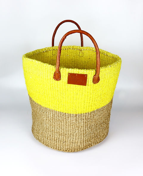 Grand panier à linge en sisal jaune et marron