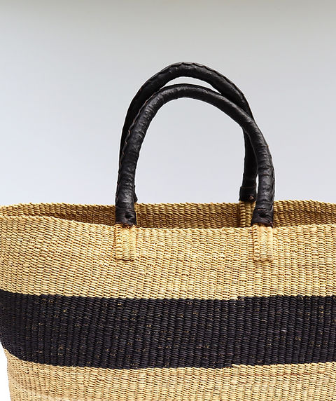 Black & Natural Brown Stripes Open Weave Bolga Tote Bag