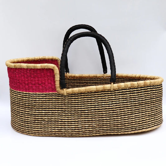 Pink, Black, Natural Brown Woven Moses Basket