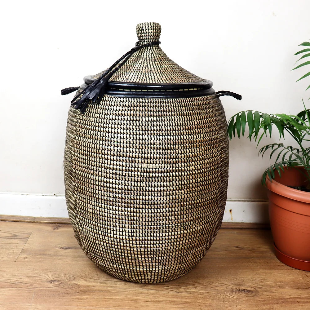 Black Ali Baba Laundry Basket with Leather Pom Pom and Handles