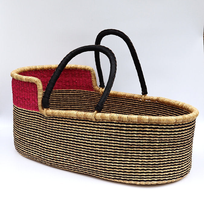 Pink, Black, Natural Brown Woven Moses Basket