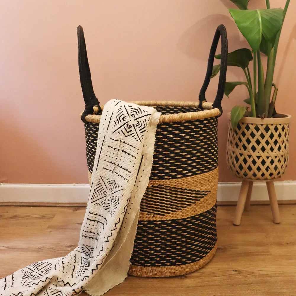 Black, Natural Brown Round Laundry Log basket