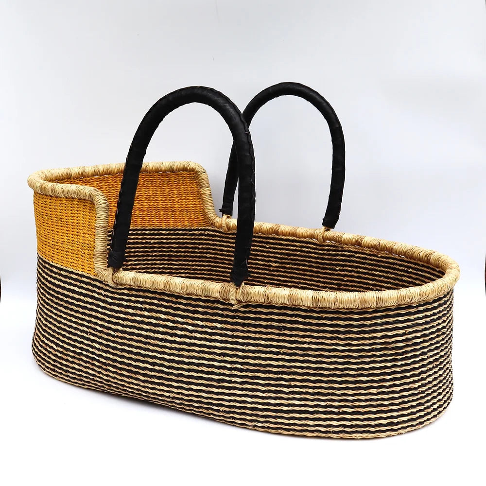 Yellow, Black, Natural Brown Woven Moses Basket