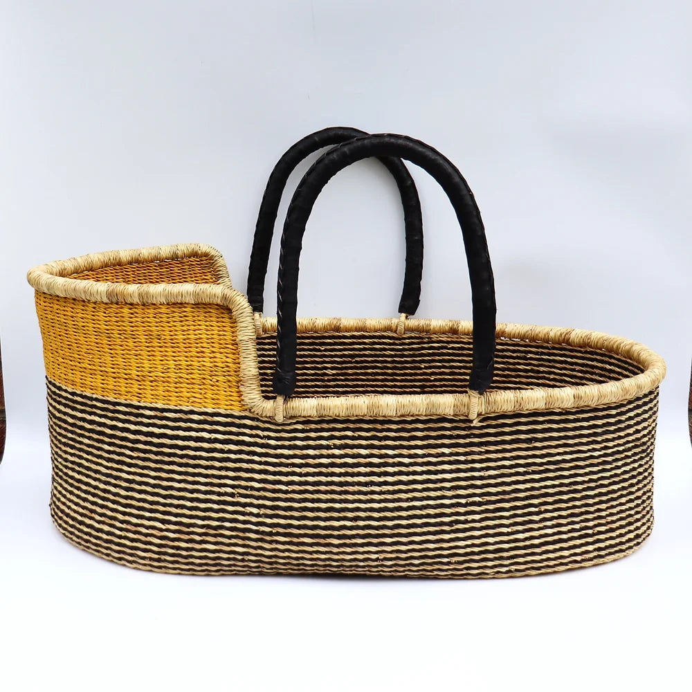 Yellow, Black, Natural Brown Woven Moses Basket