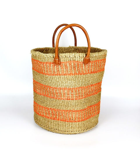 Panier en sisal tissé à la main à rayures orange et marron naturel