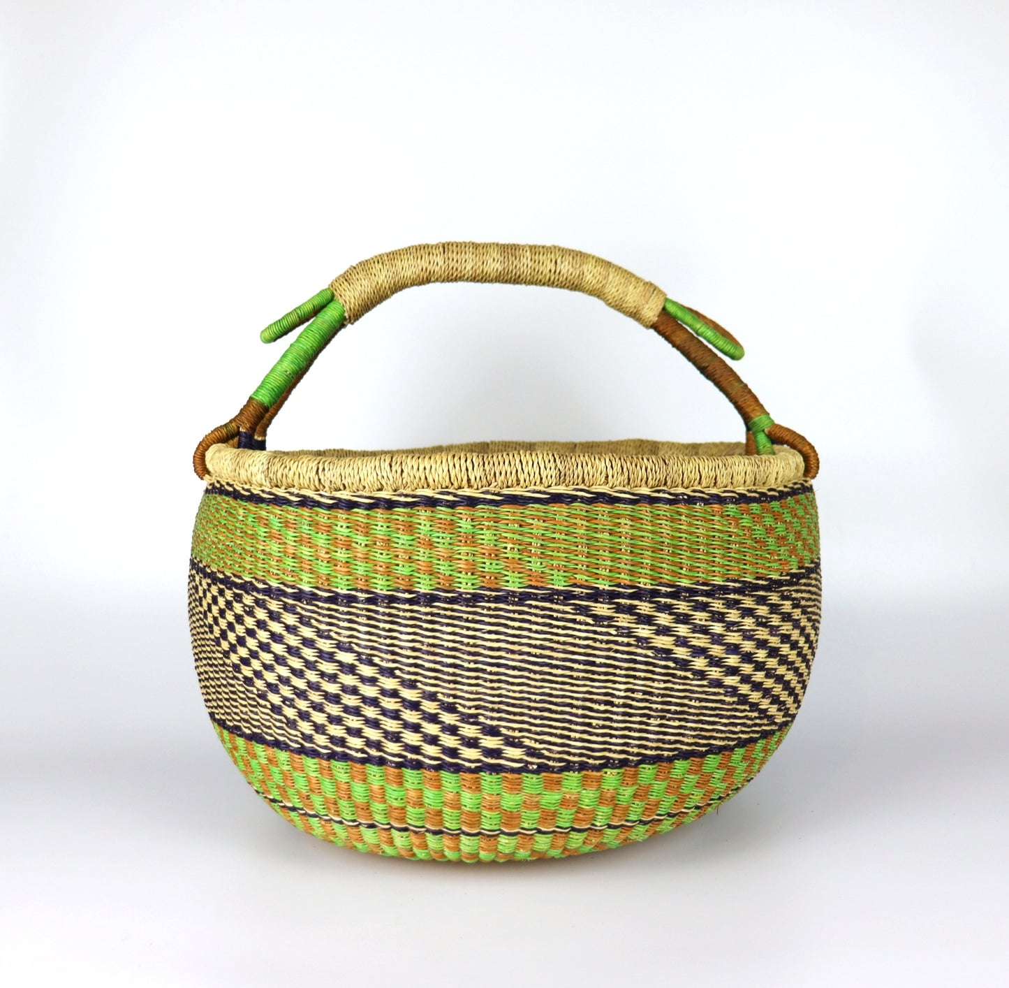 Lime Green, Black, Natural Brown Round Bolga Shopper Basket