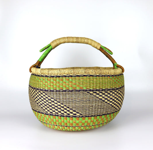 Panier rond Bolga vert citron, noir et marron naturel