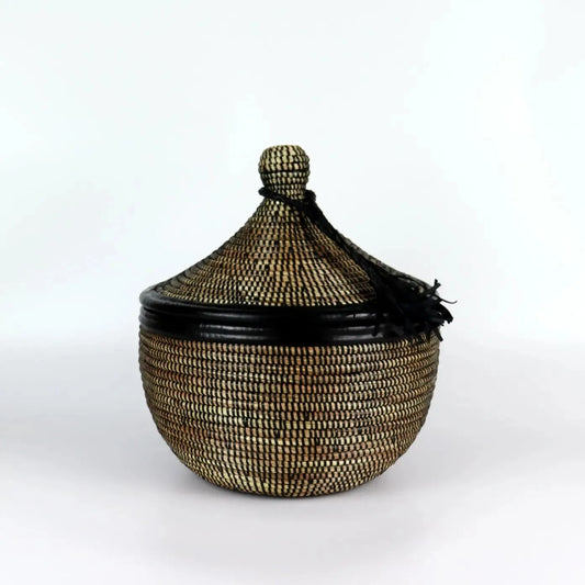 Black Woven Storage Basket with Leather edges and Pompom