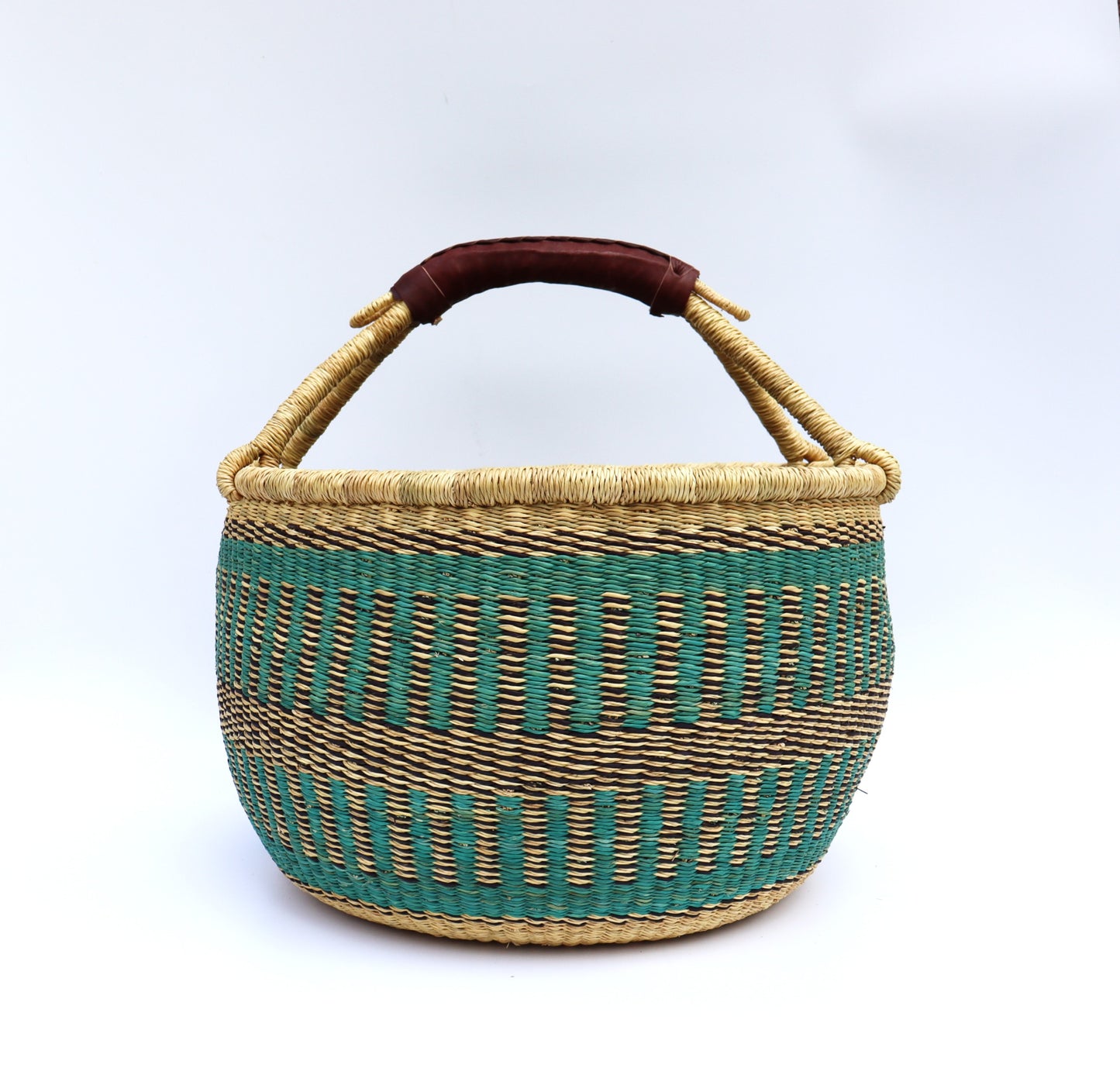 Panier rond turquoise, noir et marron naturel