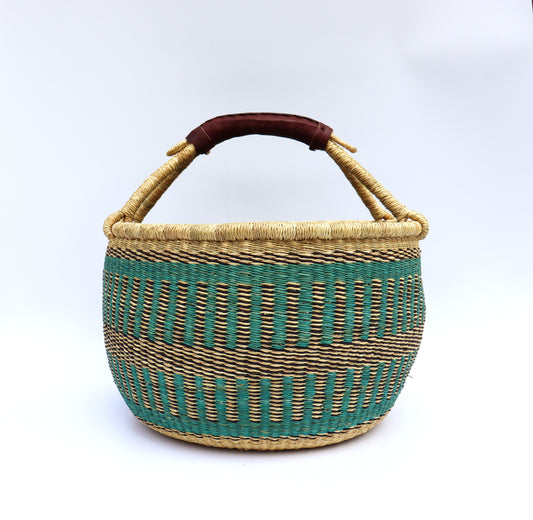 Panier rond turquoise, noir et marron naturel