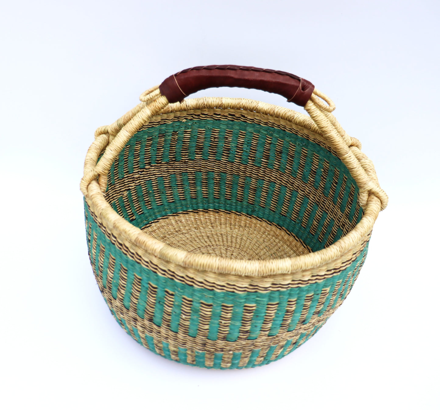 Panier rond turquoise, noir et marron naturel