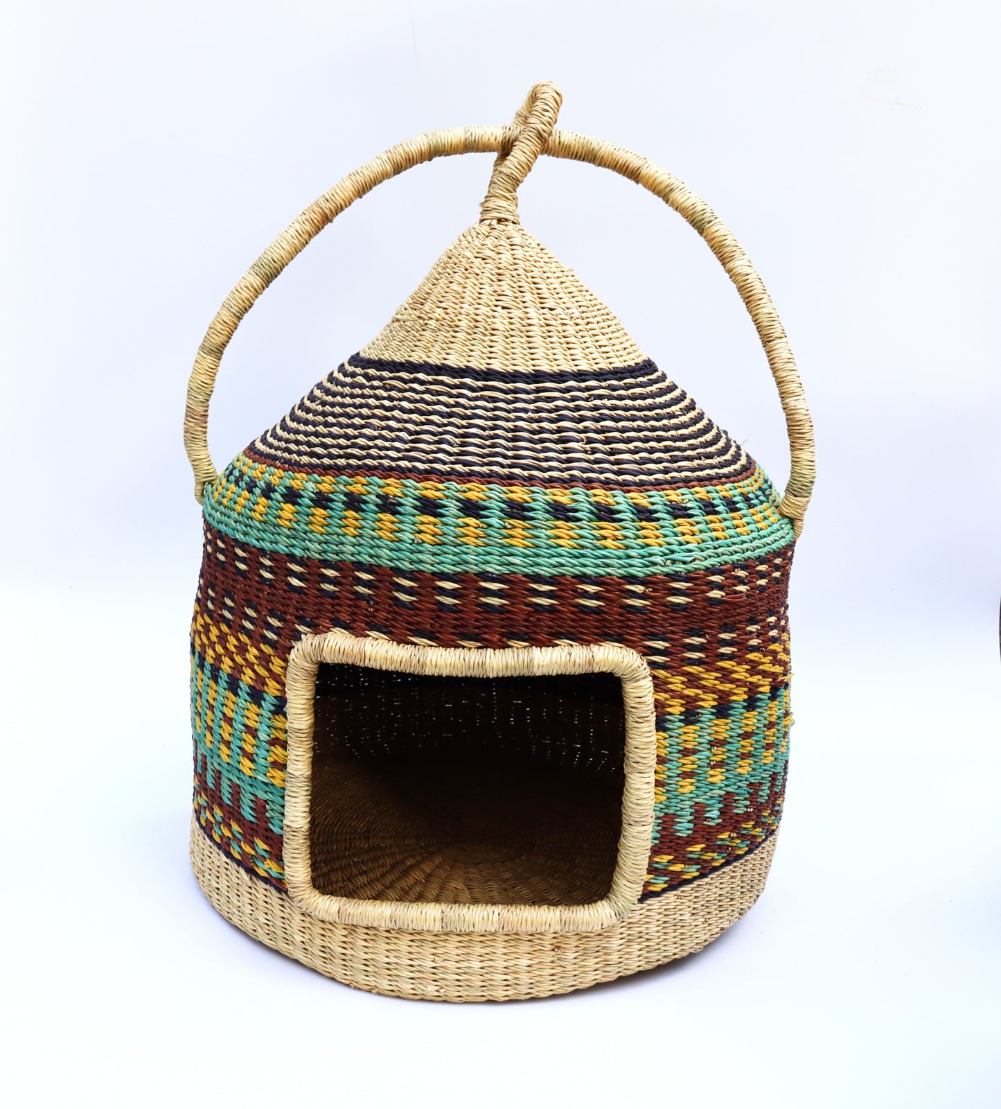 Brown, Yellow, Turquoise Handwoven Cat Basket