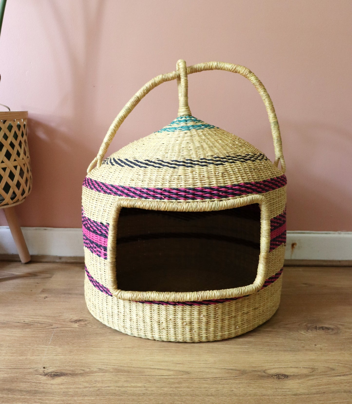 Pink, Natural Brown,  Handwoven Cat Basket