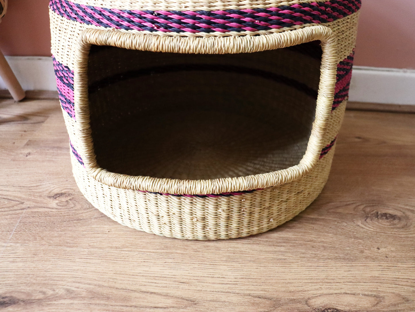 Pink, Natural Brown,  Handwoven Cat Basket