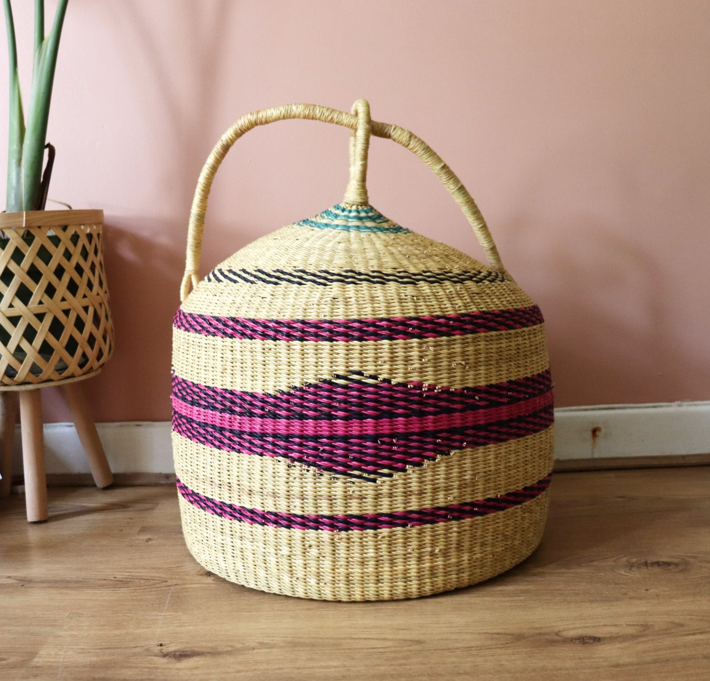 Pink, Natural Brown,  Handwoven Cat Basket