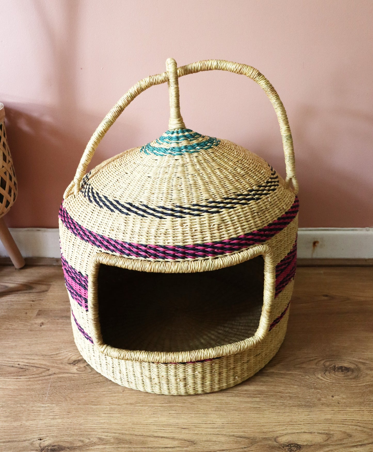 Pink, Natural Brown,  Handwoven Cat Basket