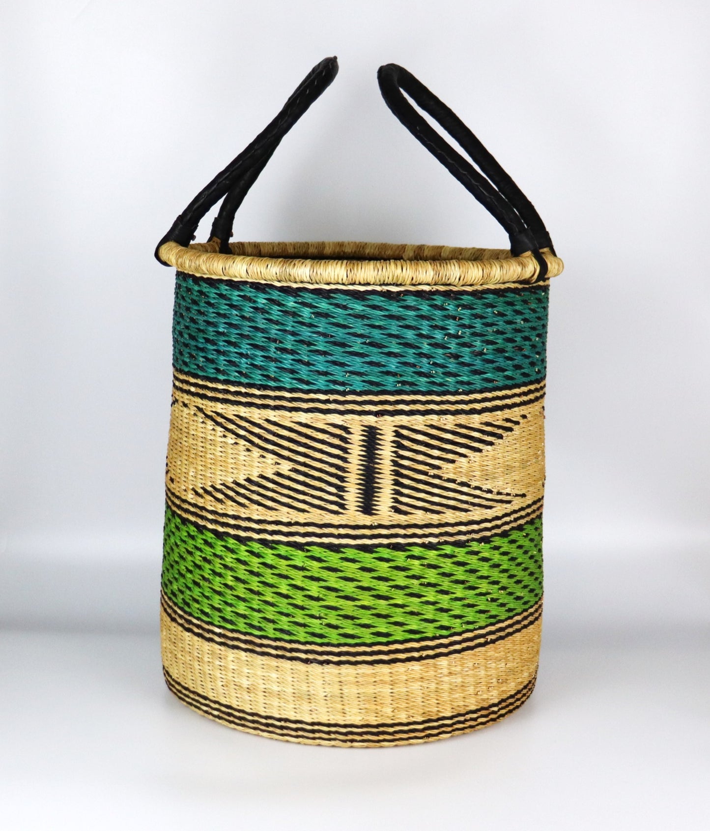 Lime Green, Turquoise,  Natural Brown Round Laundry Log basket