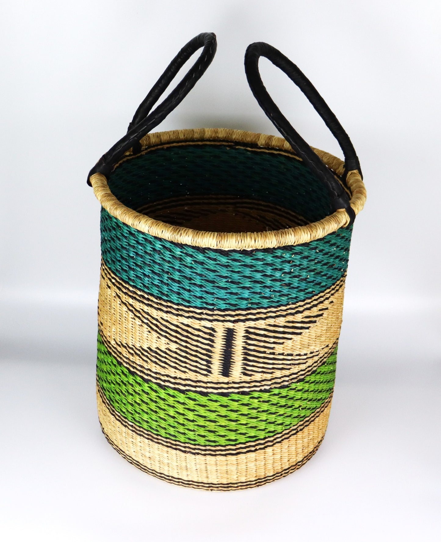 Lime Green, Turquoise,  Natural Brown Round Laundry Log basket