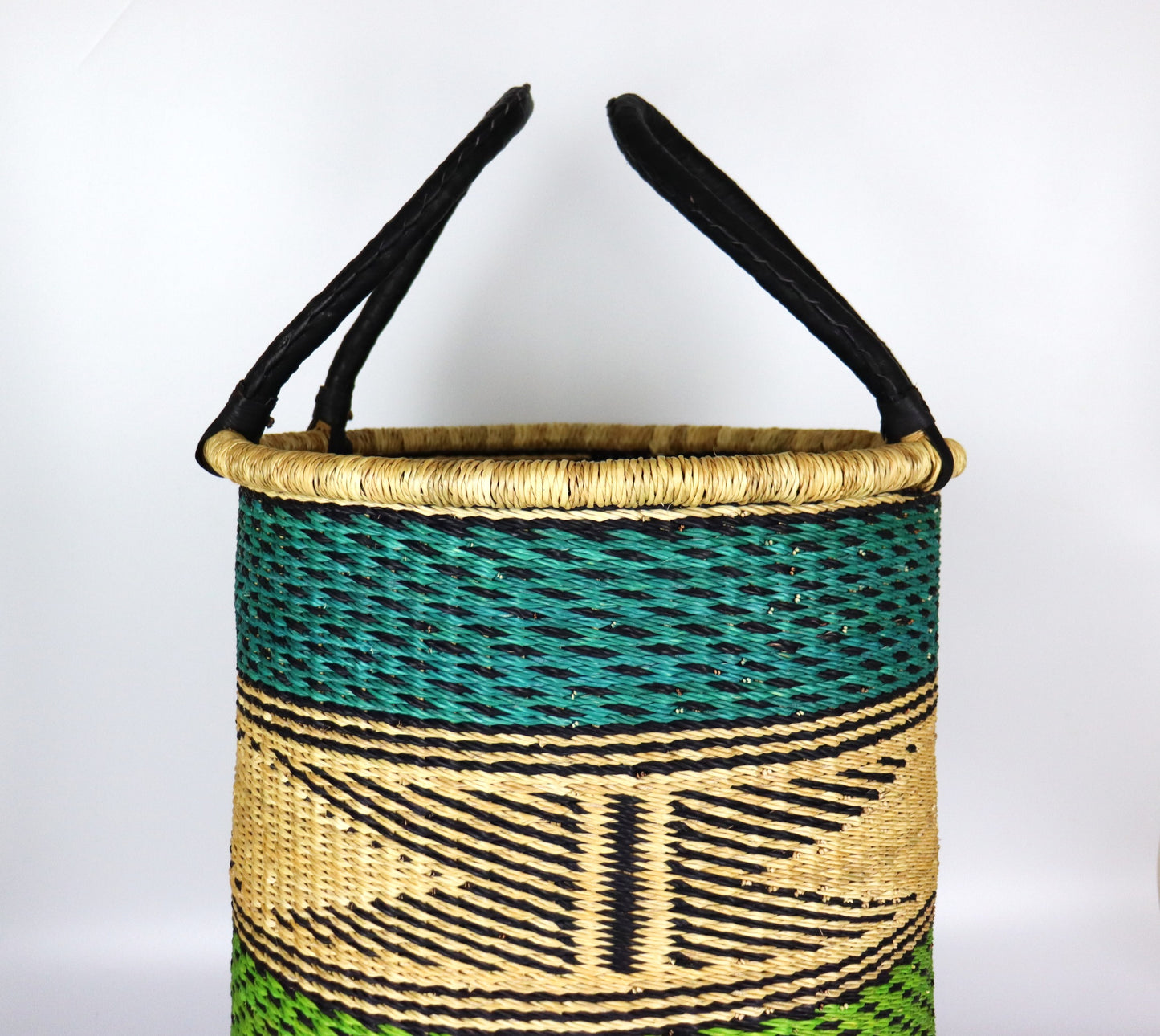 Lime Green, Turquoise,  Natural Brown Round Laundry Log basket