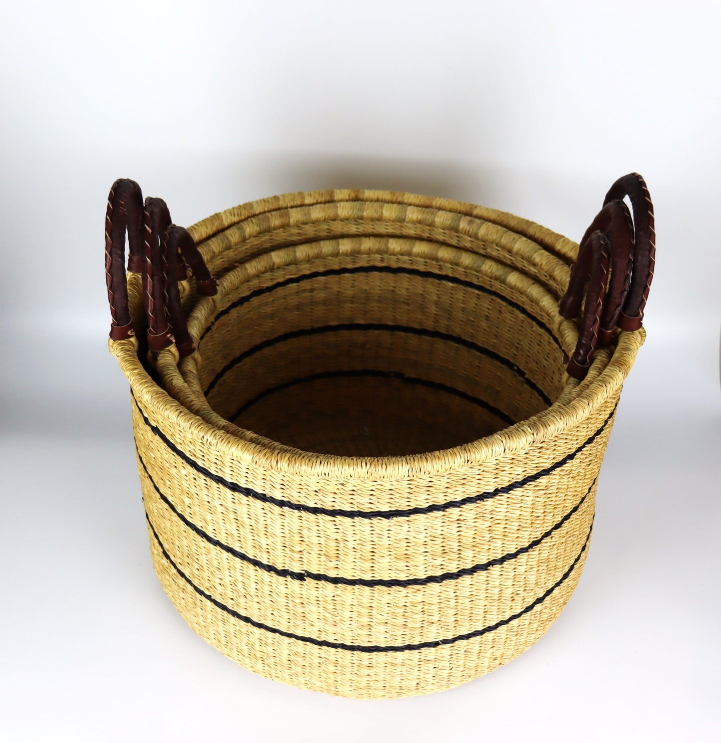 Natural Brown, Black Stripes Round Laundry Log basket