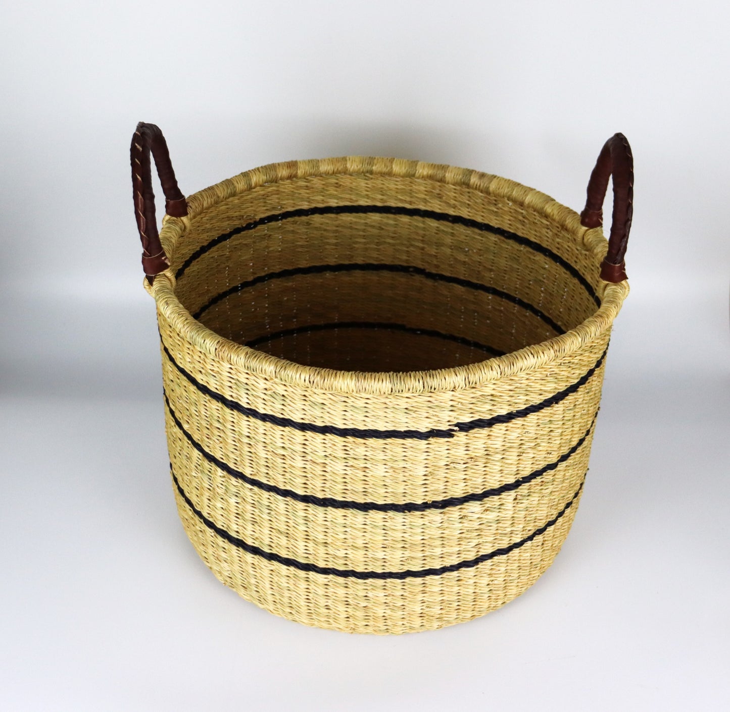 Natural Brown, Black Stripes Round Laundry Log basket