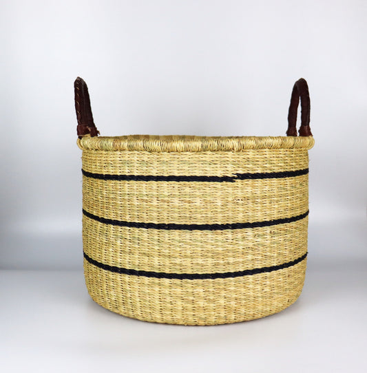 Natural Brown, Black Stripes Round Laundry Log basket