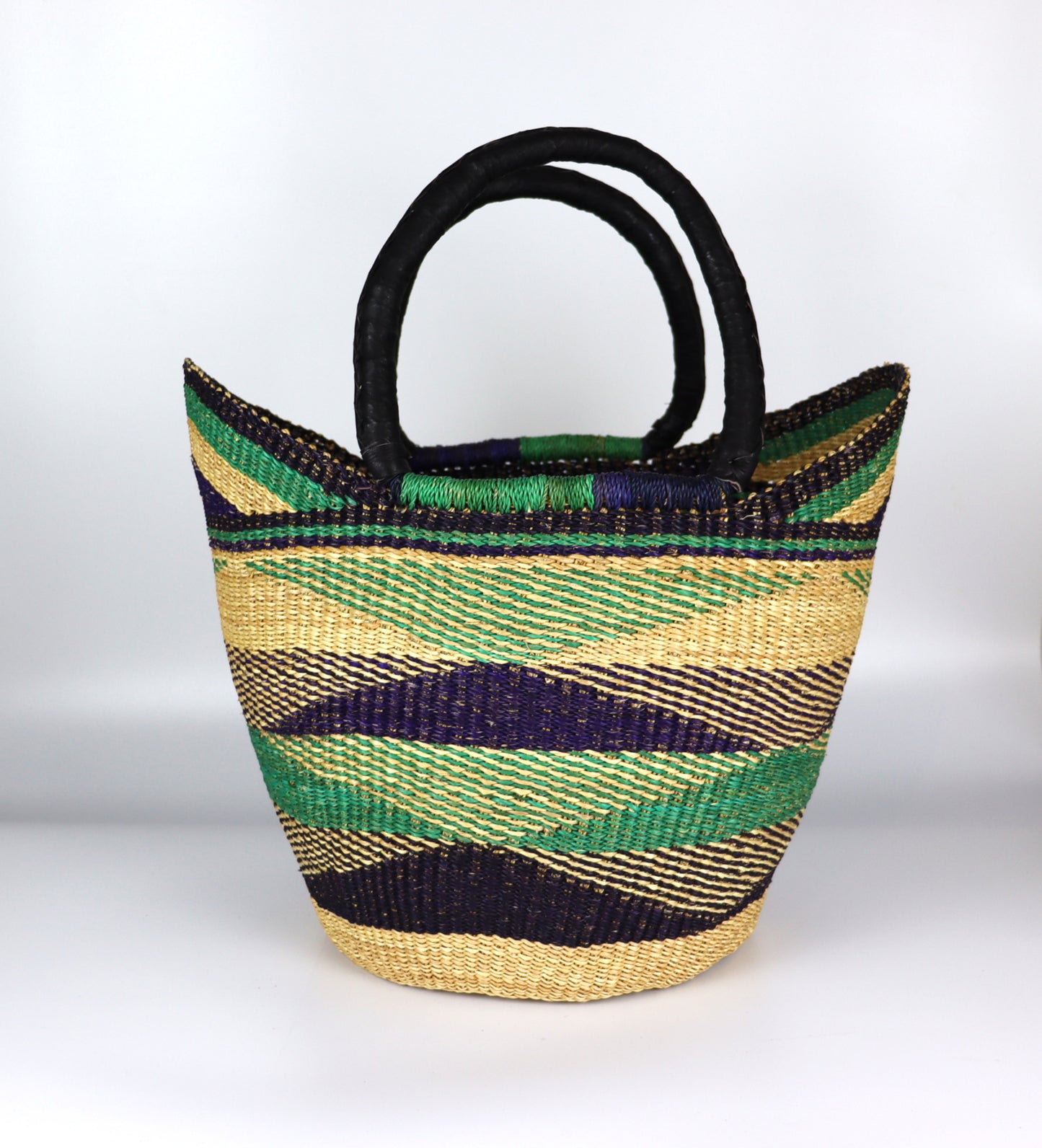 Green, Navy, Natural Brown Open Weave Tote Beach Bag