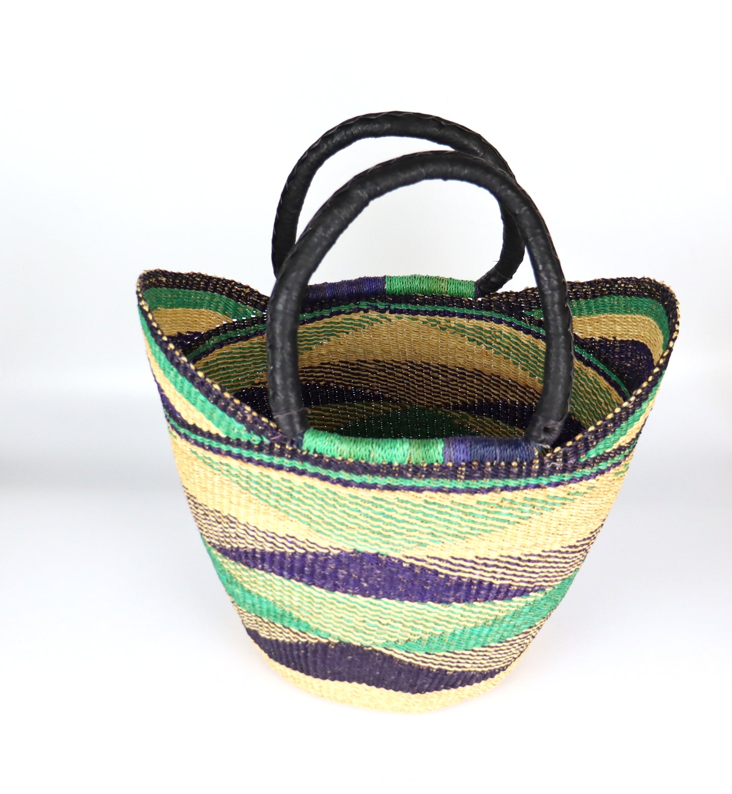 Green, Navy, Natural Brown Open Weave Tote Beach Bag