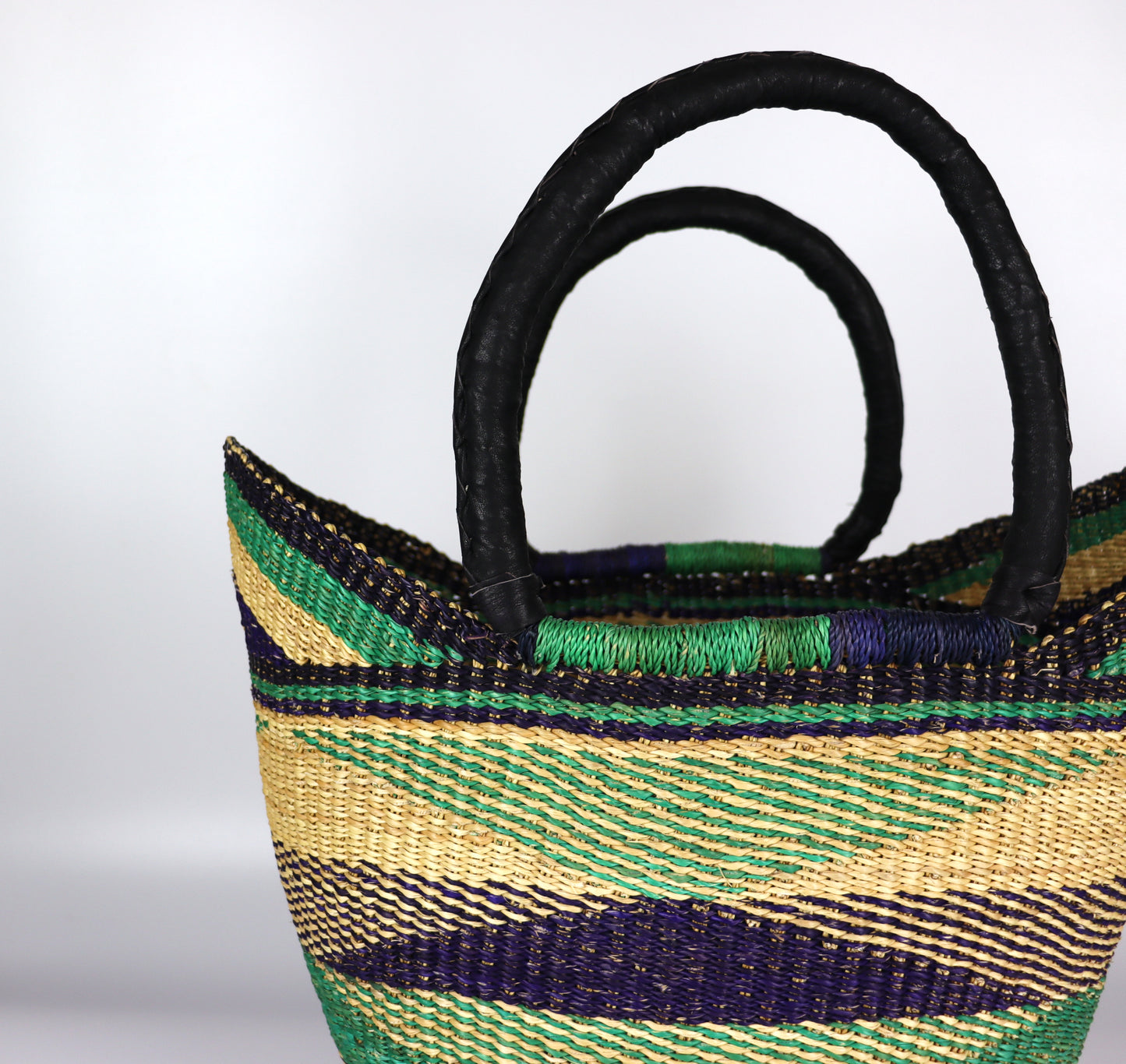 Green, Navy, Natural Brown Open Weave Tote Beach Bag