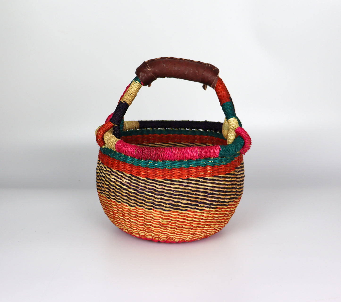 Mini panier rond Bolga rose, turquoise et orange