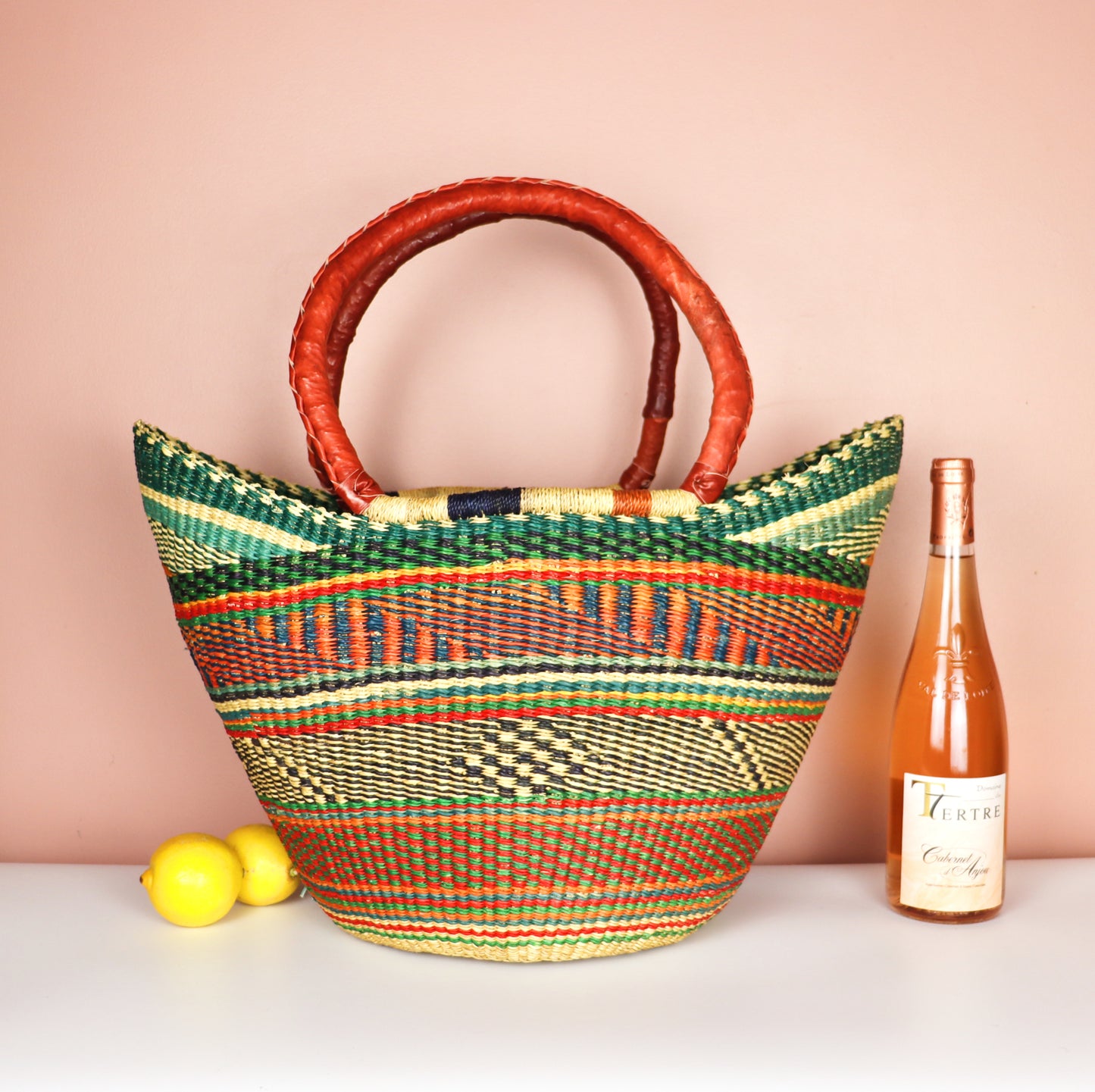 Orange, Green, Natural Brown Open Weave Bolga Tote Bag