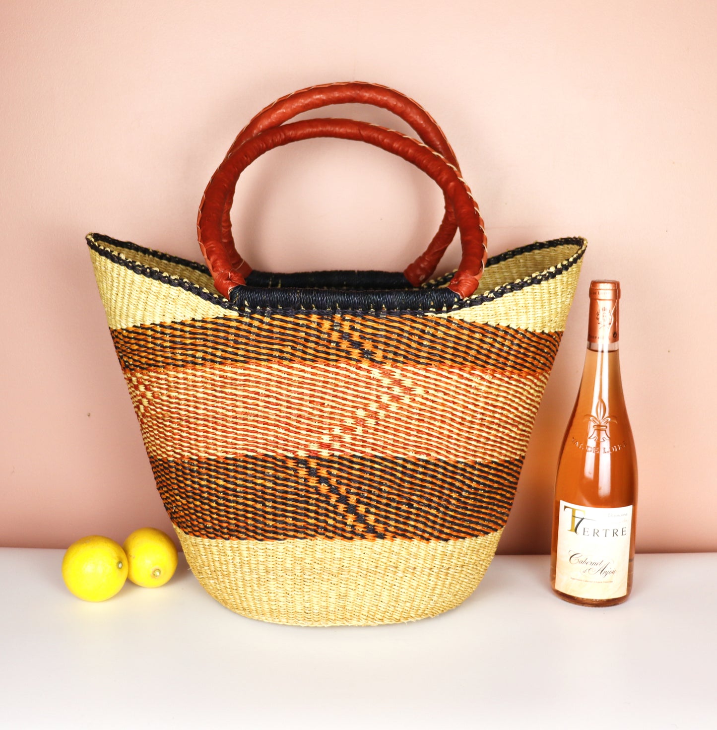 Orange, Brown Open Weave Bolga Tote Bag