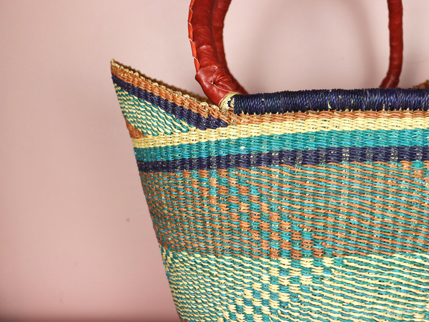 Turquoise, Black, Natural Brown Open Weave Bolga Tote Bag