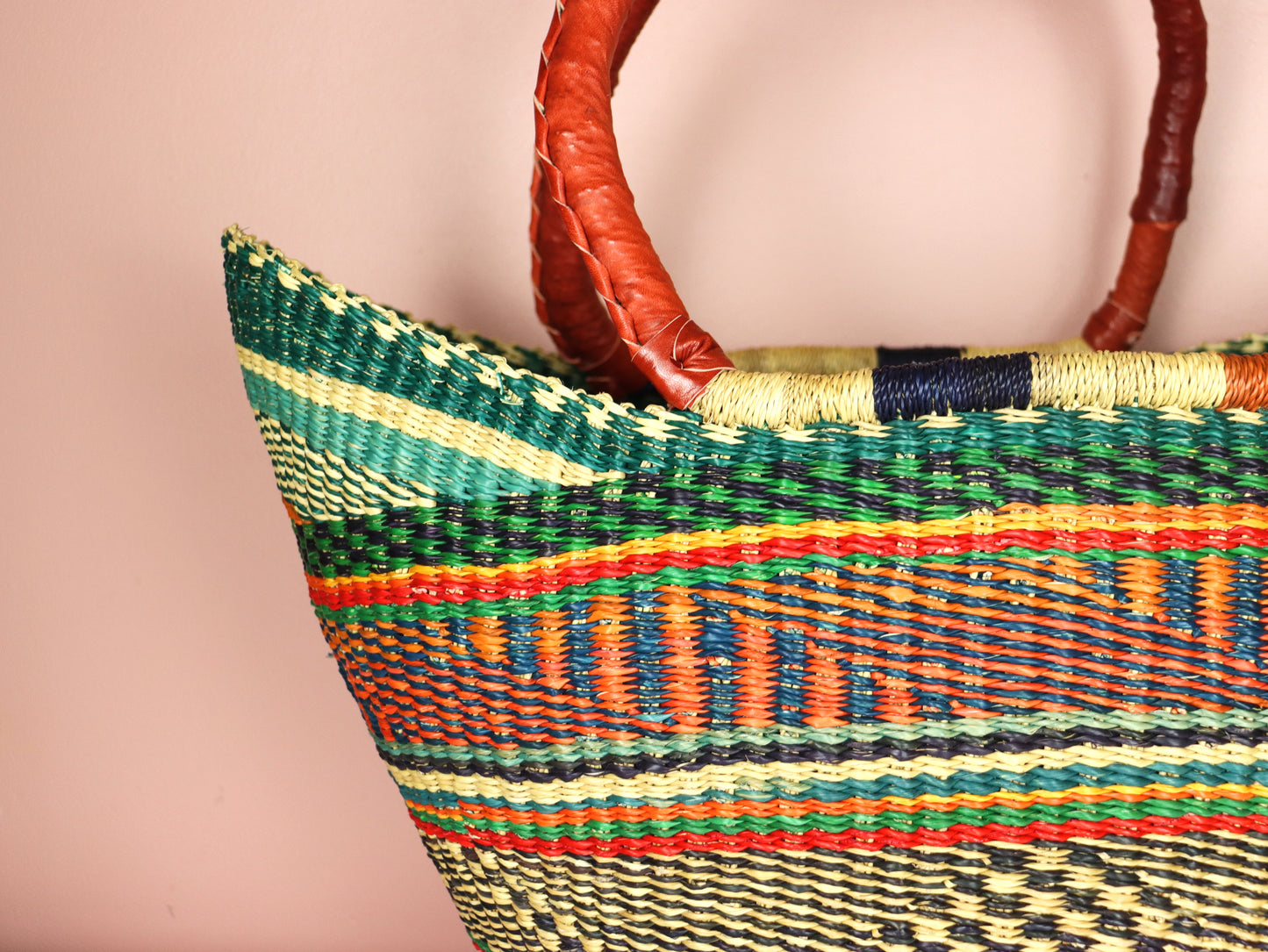 Orange, Green, Natural Brown Open Weave Bolga Tote Bag